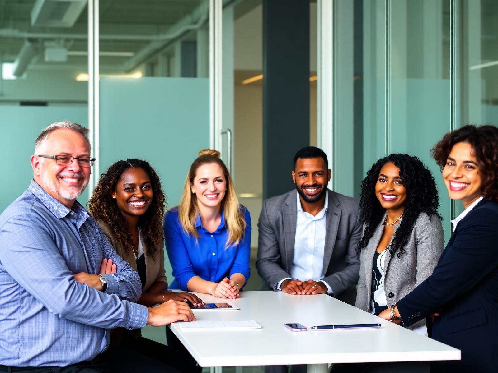 Diverse team of professionals meeting in a Chicago office