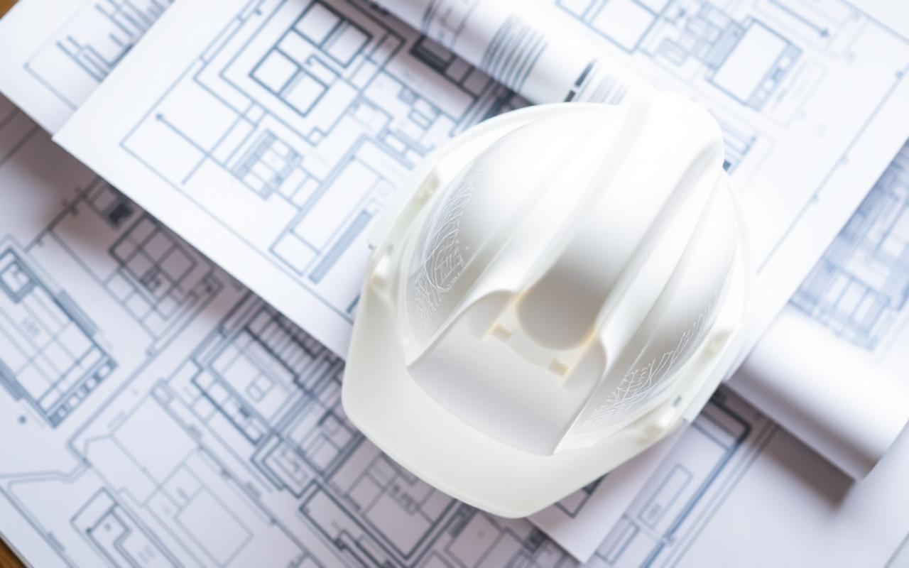 Architectural blueprints with a white hard hat